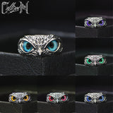 Silver Owl With Colored Eyes Ring [Adjustable]