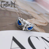 Silver Owl With Colored Eyes Ring [Adjustable]